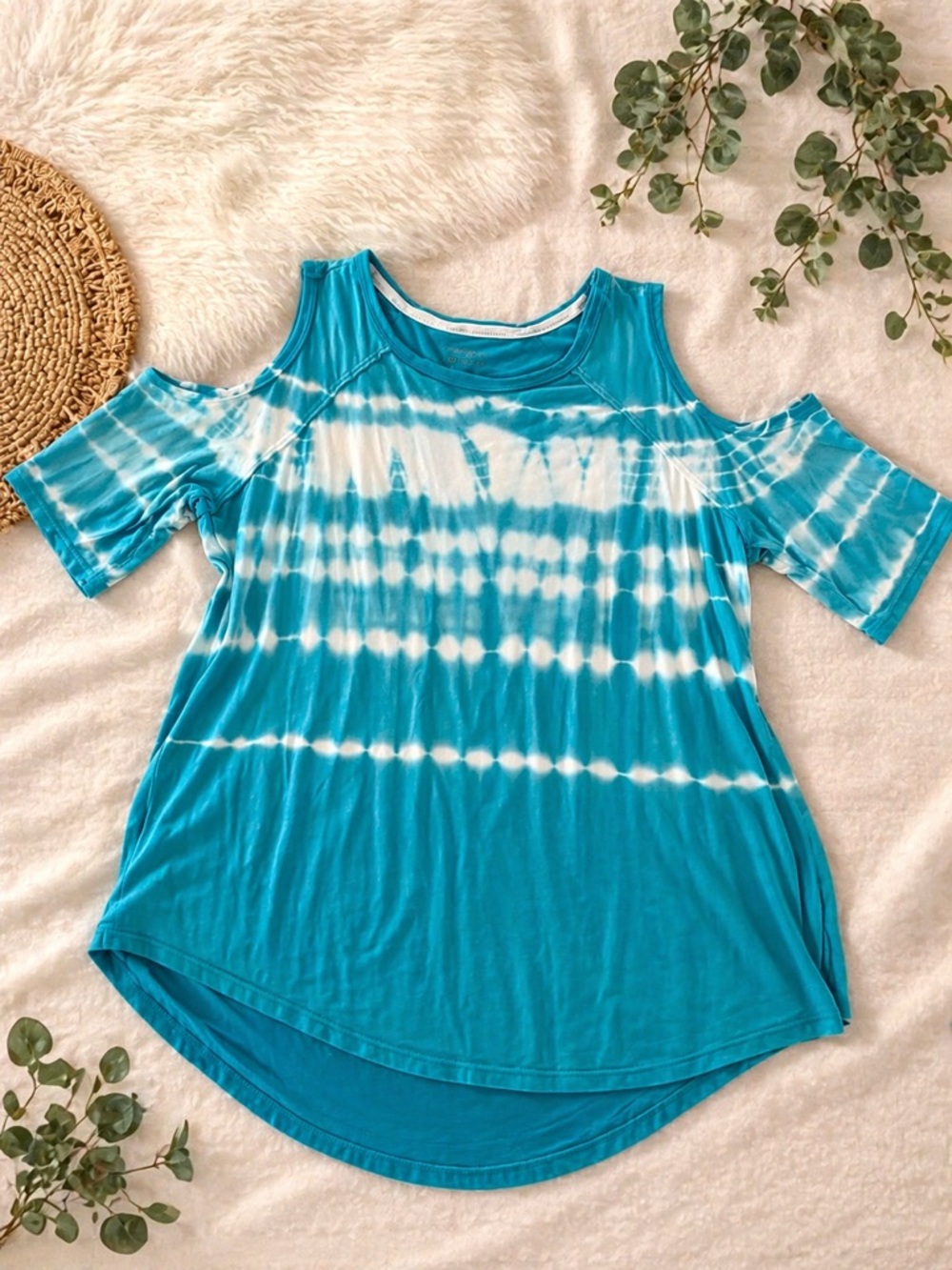 Calvin Klein Turquoise Blue Tie-Dye Cold-Shoulder Tee🩵